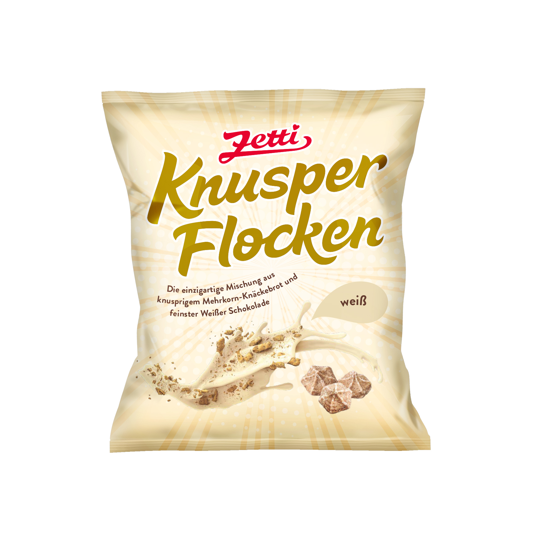 Die Verpackung von Zetti Knusperflocken zeigt den Schriftzug 'Zetti Knusperflocken' in braunen Buchstaben auf einem hellen Hintergrund. Unter dem Schriftzug steht 'weiß'