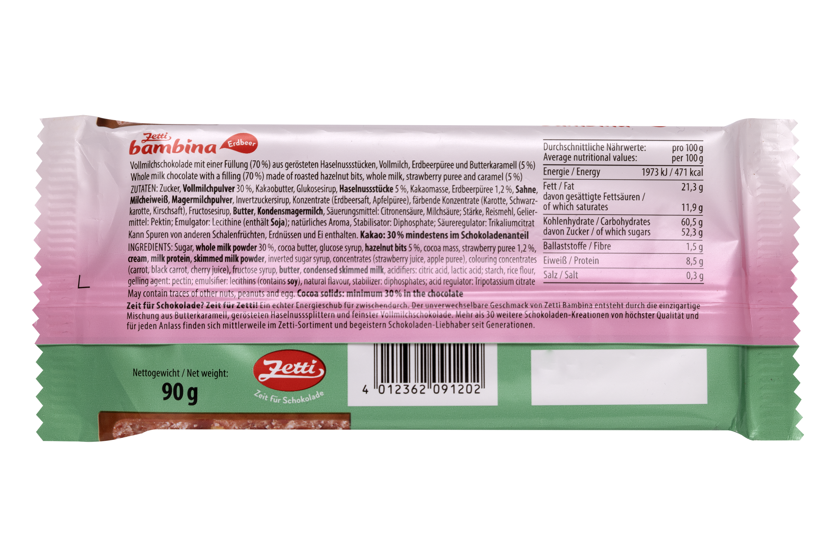 Die Rückseite einer Tafel Zetti Bambina Erdbeer